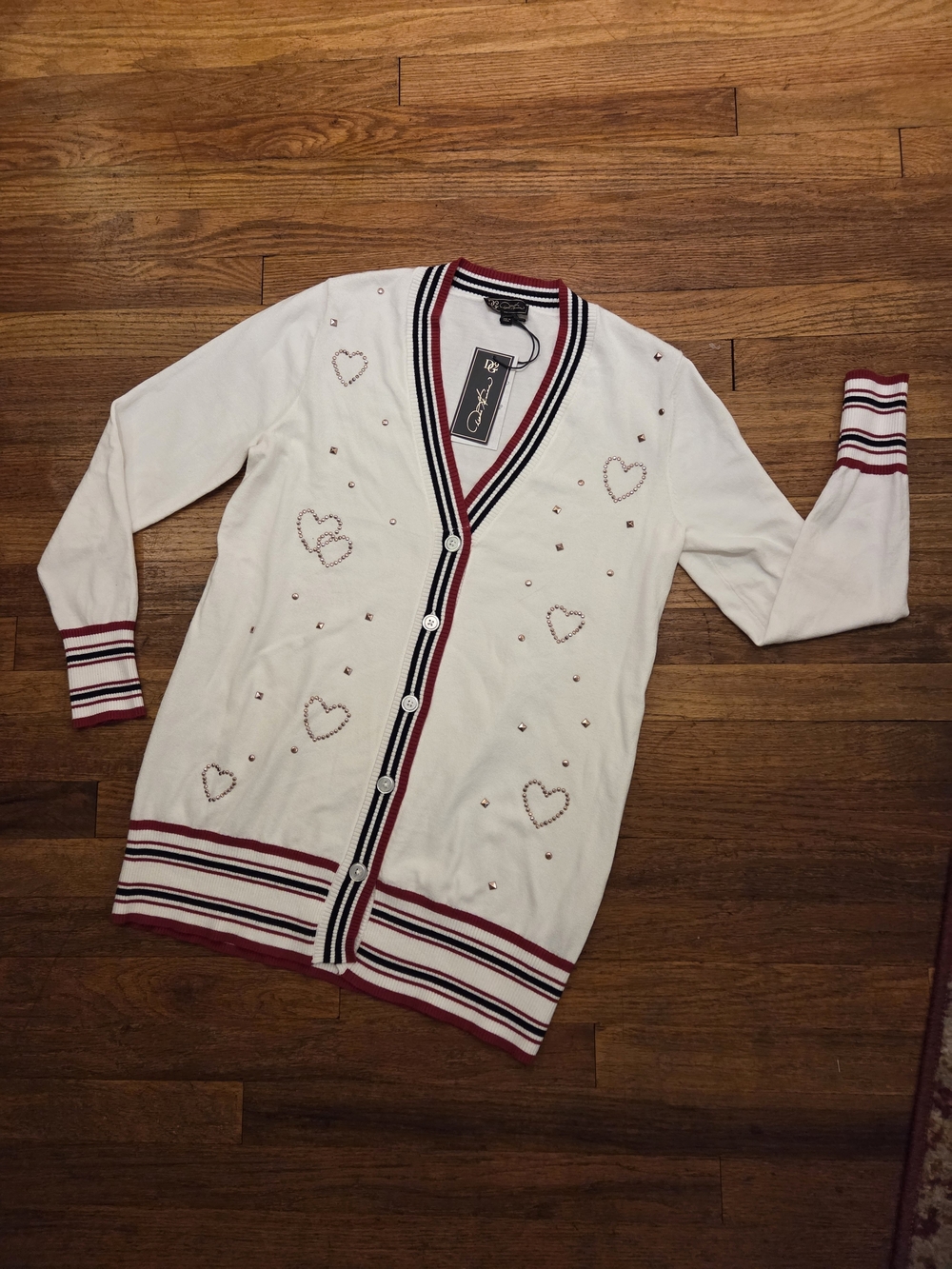 Diane Gilman White Cardigan with Red and Navy Trim and Heart Studs